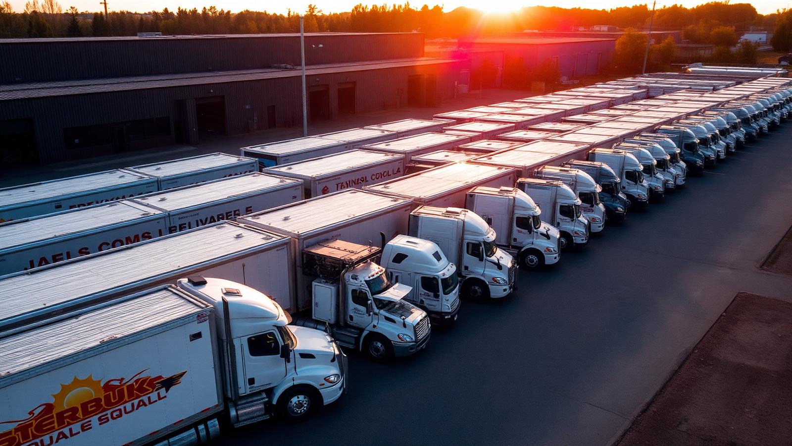 Fleet of junk removal trucks at sunrise