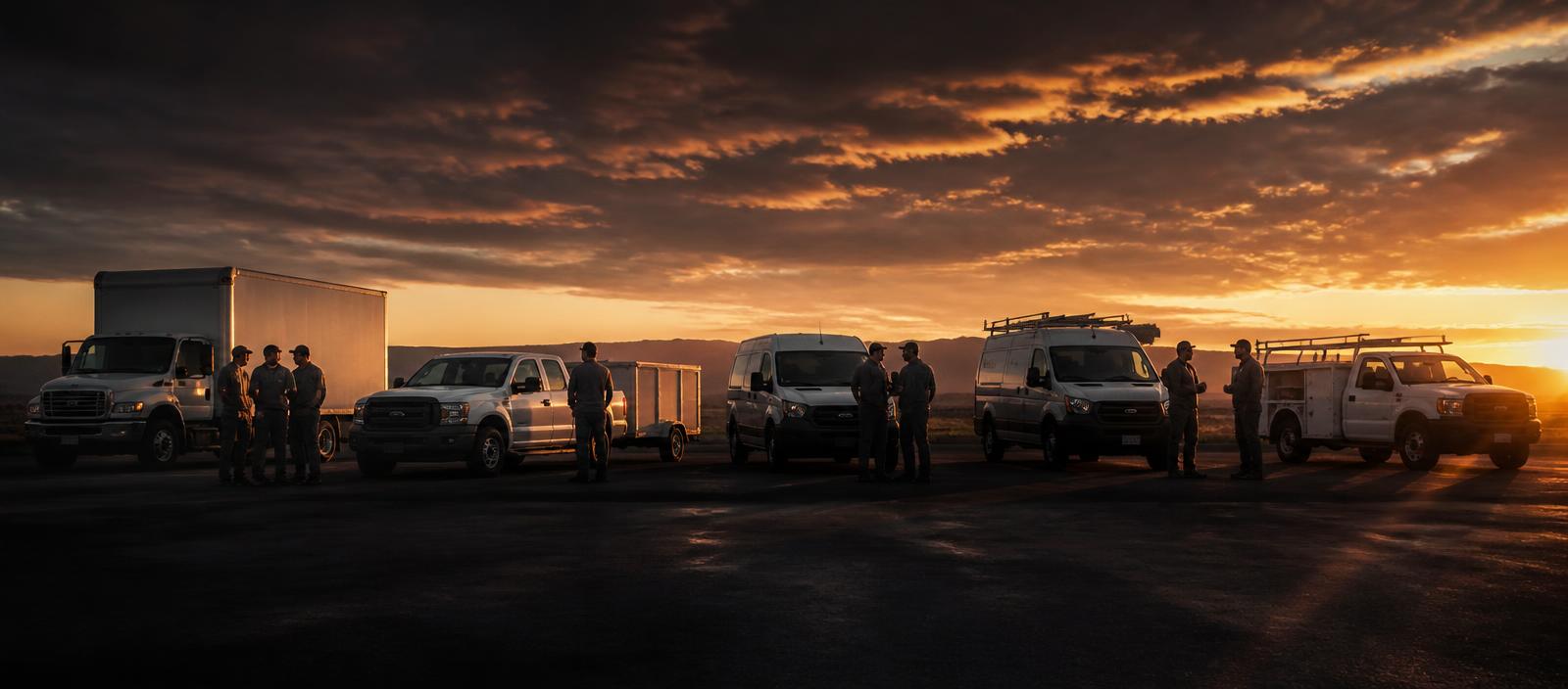 Crews and service vehicles from several trades gathered in a lot at sunrise